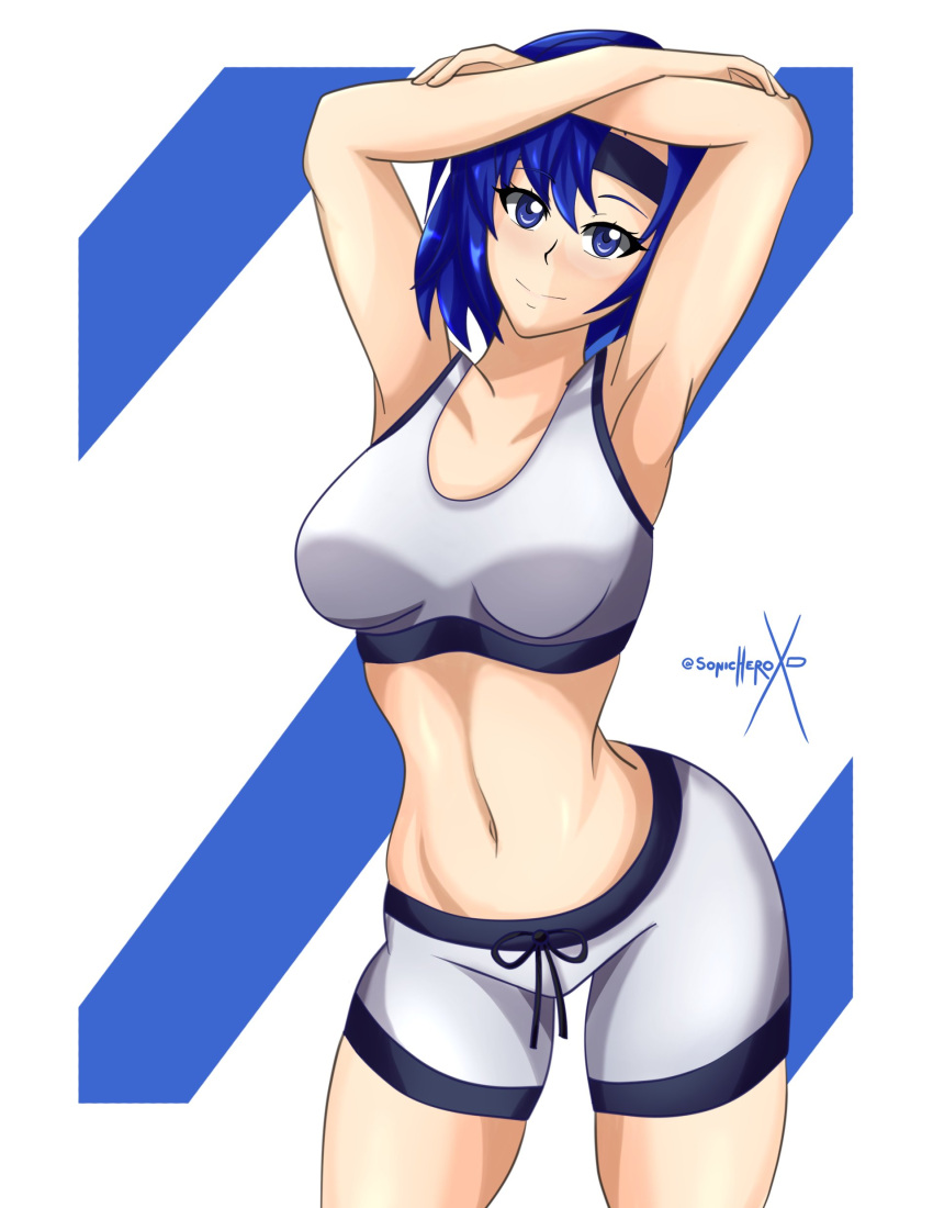 armpits bare_midriff blue_eyes blue_hair breast catria_(fire_emblem) fire_emblem fire_emblem:_mystery_of_the_emblem fire_emblem:_shadow_dragon_and_the_blade_of_light fitness hips looking_at_viewer medium_breasts midriff shorts smile sonicheroxd sports_bra sportwear tank_top workout