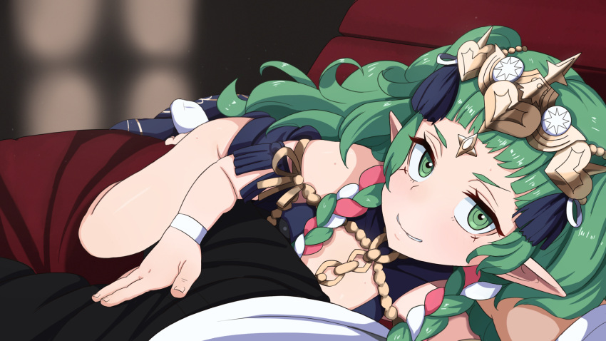 1boy 1girls bangs bare_legs black_pants blunt_bangs braid caress commission fire_emblem fire_emblem:_three_houses green_eyes green_hair grin hand_on_another's_crotch handjob hetero highres long_hair looking_at_viewer naughty_face nintendo novcel pants pointy_ears pov ribbon_braid rubbing_penis side_braids smile solo_focus sothis_(fire_emblem) tassel tiara twin_braids