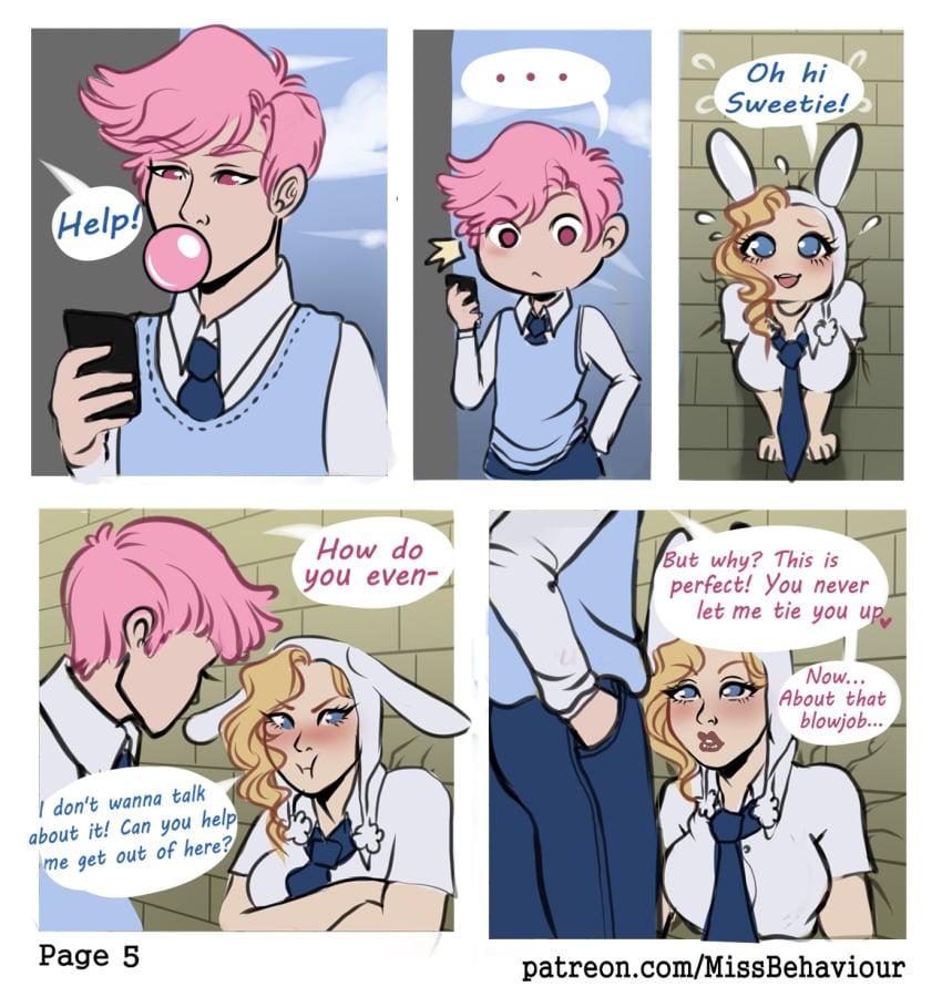 1boy 1girls adventure_time blonde_hair blue_eyes bunny_ears comic english_text fionna_the_human_girl flower glory_hole lips lipstick missbehaviour page_5 panties prince_gumball school_uniform schoolgirl short_skirt speech_bubble stuck stuck_in_wall thick_thighs thighhighs through_wall