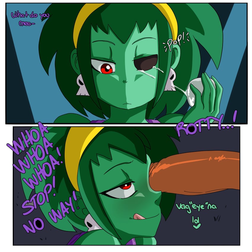 1futa 1girls big_penis comic consensual dark-skinned_futanari dark_skin dialogue duo erection eye_fucking eye_penetration eye_socket female futa_on_female futanari green_hair green_skin humanoid humanoid_penis inuyuru licking_lips penis red_eyes rolling_eyes rottytops shantae shantae_(character) short_hair skull_fucking smooth_skin standing text undead wayforward zombie zombie_girl