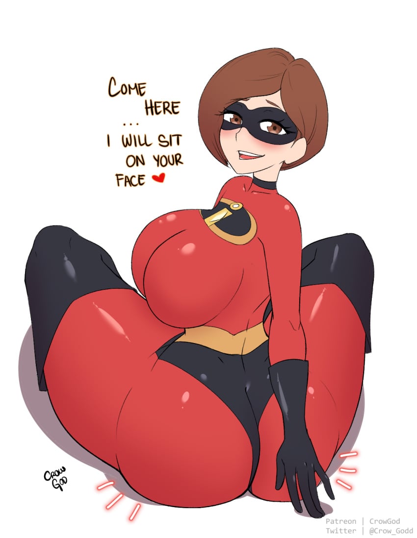 1girls armwear ass big_ass big_breasts big_butt black_gloves blush bob_cut bodysuit breasts brown_eyebrows brown_eyes brown_hair clothed_female crowgod curvy disney elastigirl eye_mask eyewear female footwear gloves handwear helen_parr huge_breasts legwear looking_at_viewer looking_back lord_socar milf pixar short_hair skin_tight skintight_bodysuit smile smooth_skin solo solo_female superheroine tagme text the_incredibles thick_thighs thunder_thighs white_background