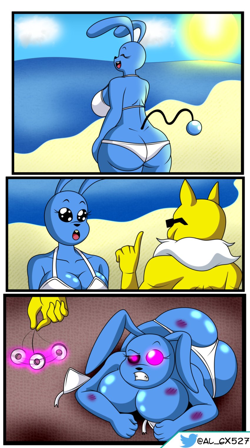 1boy 1girls al_gx azumarill big_breasts bikini blue_body blue_skin clothed clothing furry hypno hypnosis mind_control nintendo pokemon pokemon_(species) swimwear topless yellow_body