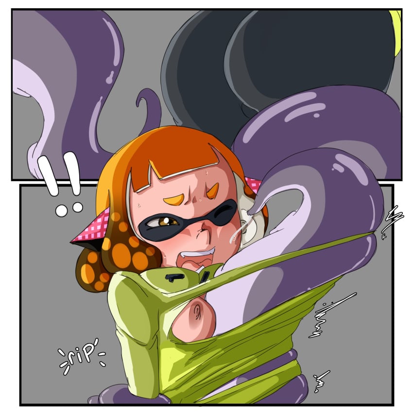 1girls agent_4_(splatoon) comic domino_mask inkling inkling_girl inuyuru nintendo orange_hair ripped_clothing splatoon splatoon_2 splatoon_2:_octo_canyon tentacle tentacle_rape tentacle_sex wince