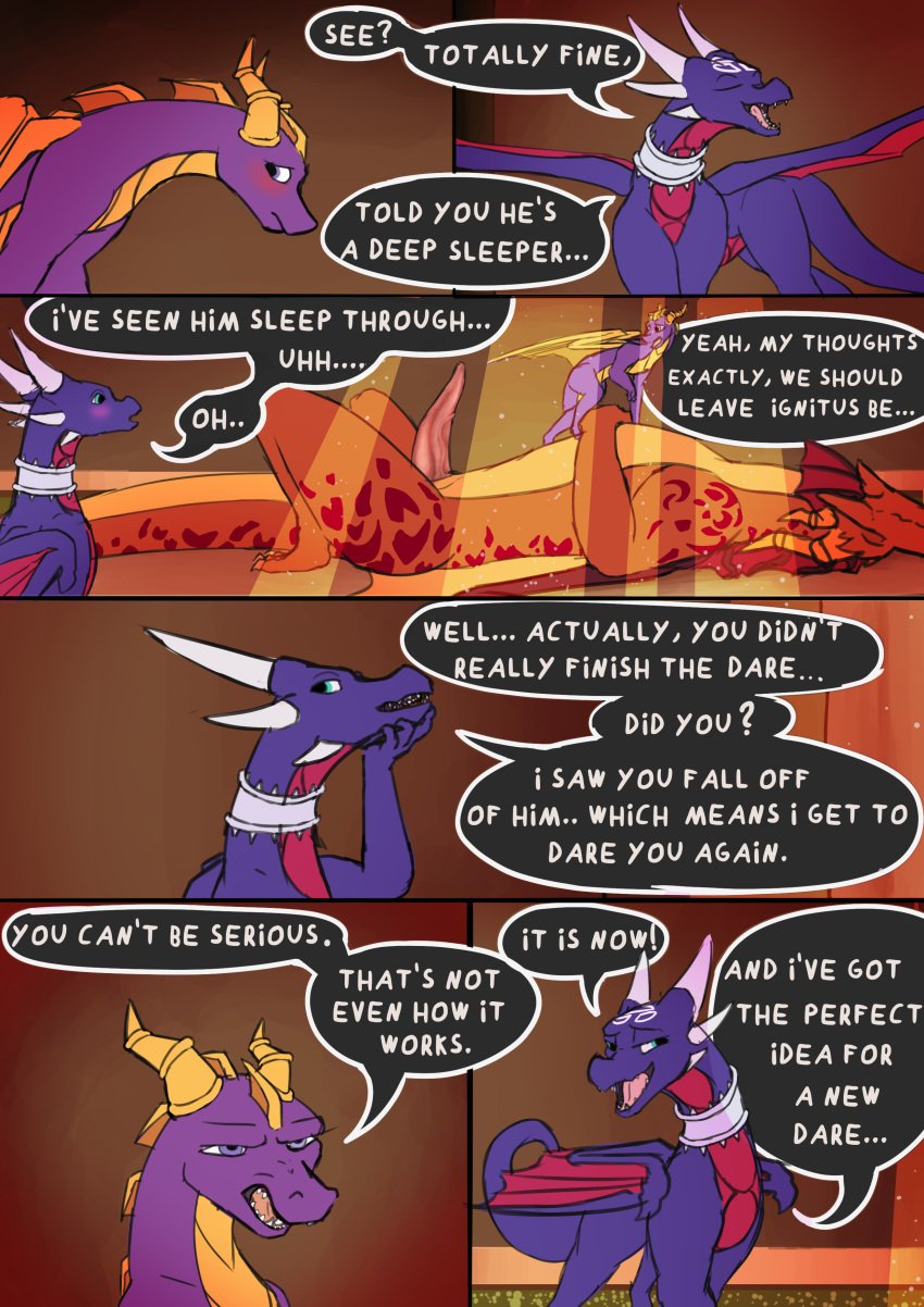 2021 absurd_res activision angry blush comic cynder dialogue digital_media_(artwork) dragon dragonsponies english_text female feral genitals group hi_res horn ignitus insomniac_games male membrane_(anatomy) penis sleeping spyro spyro_legend_of_the_dragon spyro_the_dragon text video_games wings