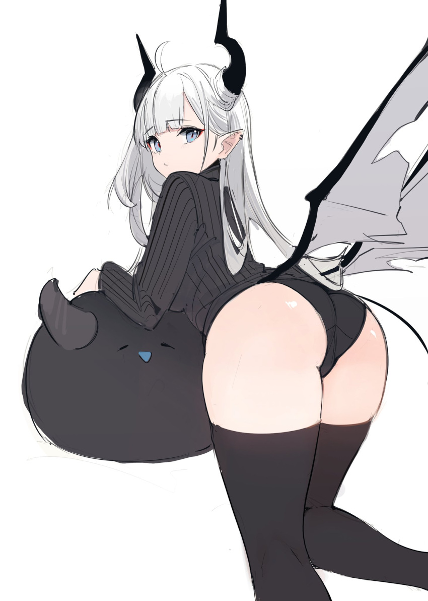 1girls ass blue_eyes cowlick demon demon_girl demon_horns demon_tail ear_piercing horn horns long_hair looking_at_viewer looking_back nekojira original original_character panties pointy_ears sketch stockings sweater tail thick_ass thick_thighs thighhighs thighs white_background white_hair wings