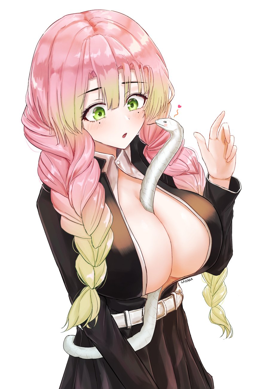 animal_between_breasts big_breasts blush braided_hair cleavage demon_slayer female female_only gahara group kaburamaru kanroji_mitsuri kimetsu_no_yaiba long_hair mole_under_eye no_bra open_smile pink_hair snake solo unbuttoned_shirt