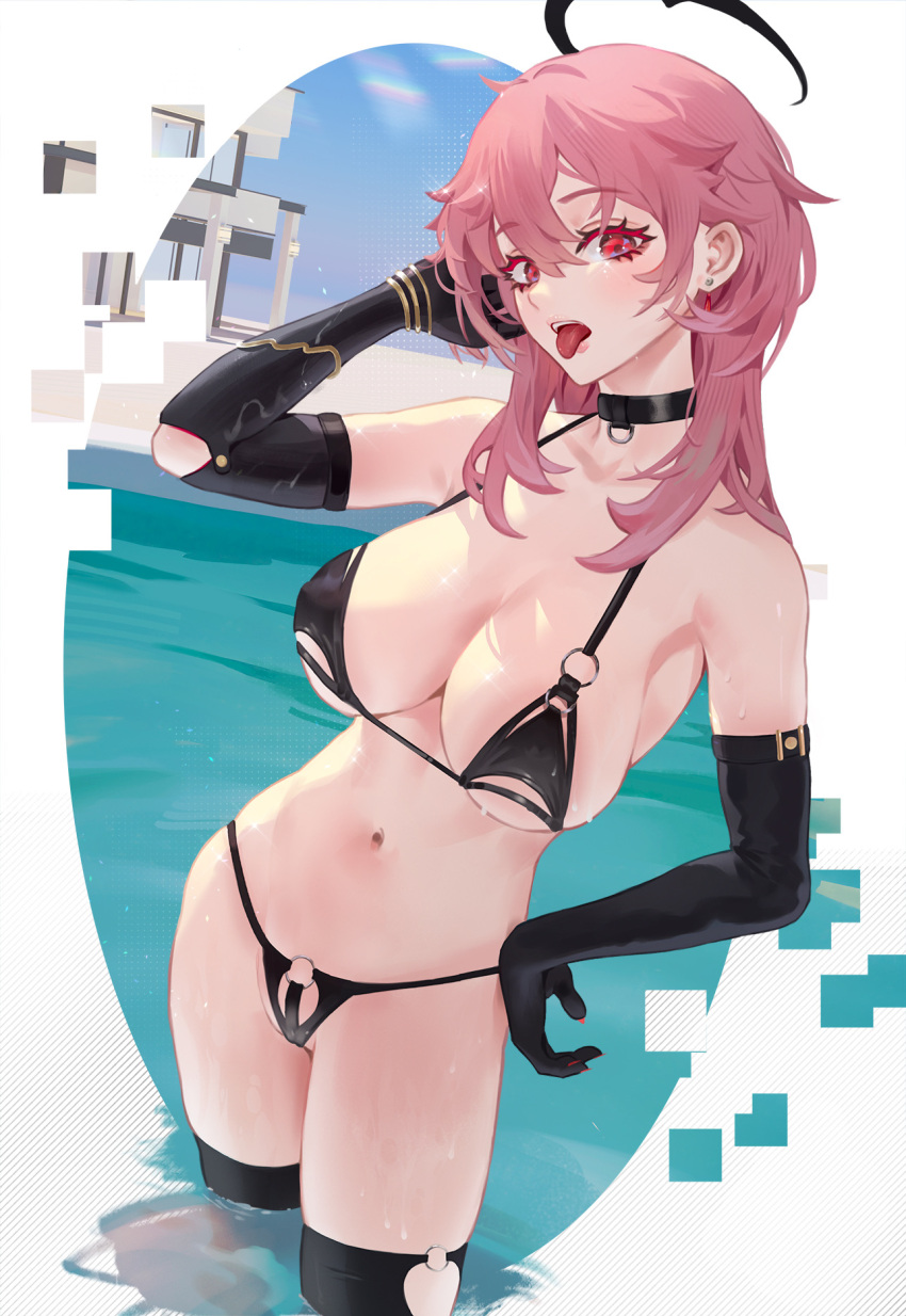 1girls azur_lane big_breasts bikini breasts choker cirilla_lin duca_degli_abruzzi_(azur_lane) micro_bikini midriff navel nipple_bulge pink_hair pool red_eyes swimsuit thighhighs tongue tongue_out wet