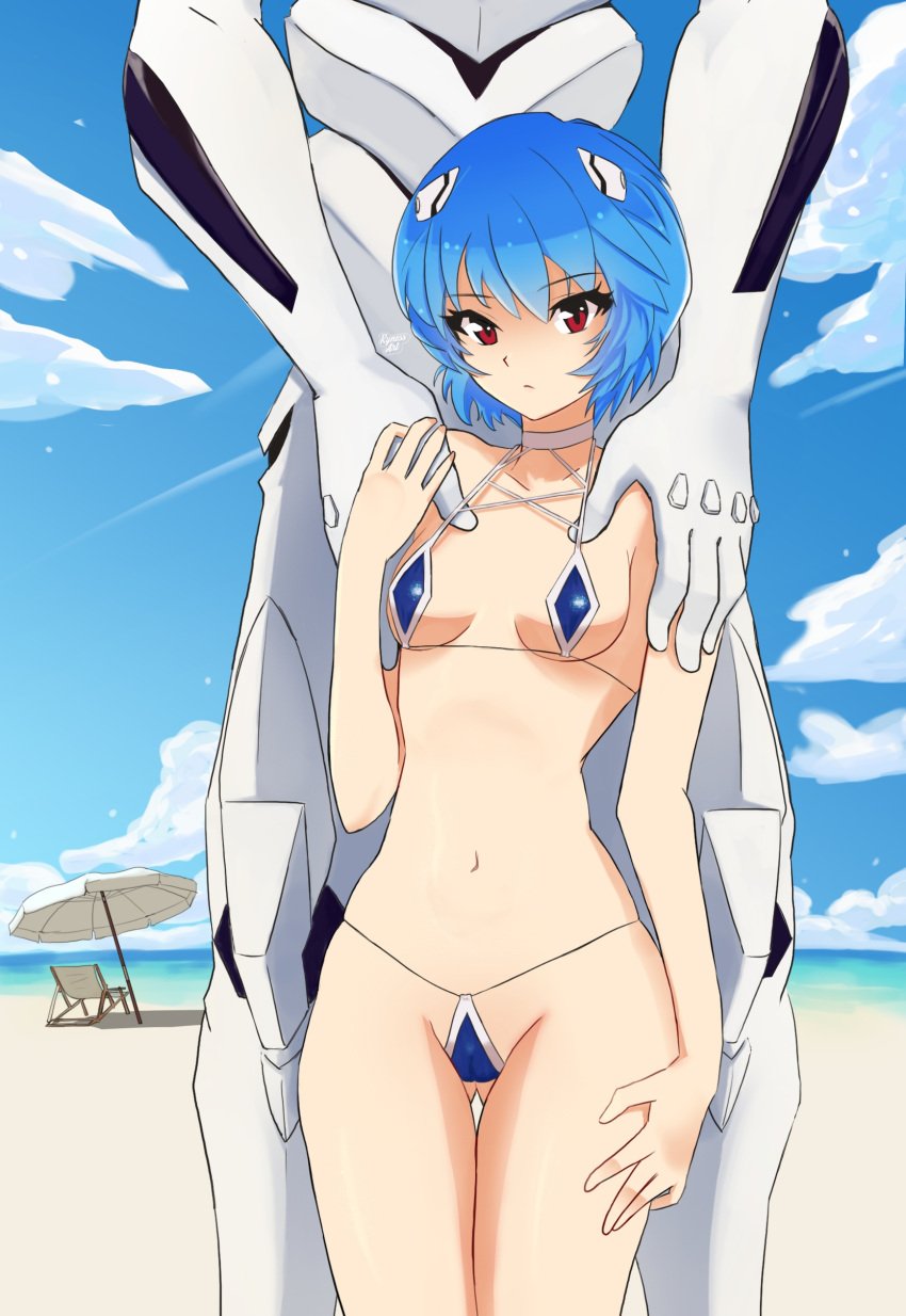 1girls ass_visible_through_thighs beach bikini blue_hair breasts cameltoe female female_human height_difference human interface_headset mass_production_eva neon_genesis_evangelion pale-skinned_female pale_skin pussy red_eyes rei_ayanami rynessart short_hair size_difference small_breasts solo_focus swimsuit the_end_of_evangelion thigh_gap wide_hips