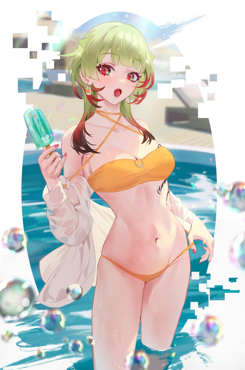 1girls azur_lane bikini breasts cirilla_lin giuseppe_garibaldi_(azur_lane) green_hair midriff multicolored_hair navel pool popsicle red_eyes red_hair swimsuit tattoo thick_thighs thighs wet