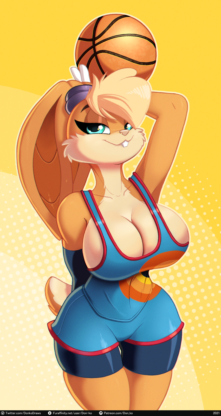 basketball_(ball) basketball_uniform big_ass big_breasts blonde_hair blue_eyes bunny_ears bunny_girl bunny_tail cartoon_network cleavage donkodraws furry gloves huge_breasts lola_bunny looney_tunes sideboob space_jam thick_thighs warner_brothers wide_hips