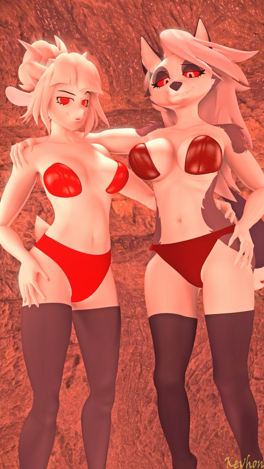 3d animal_ears animal_tail anthro biting_lip bra breasts caprine clothing crossover duo females_only furry goat goat_lucifer_(helltaker) hellhound helltaker helluva_boss horns kevhon looking_at_viewer loona_(helluva_boss) lucifer_(helltaker) panties smiling socks source_filmmaker