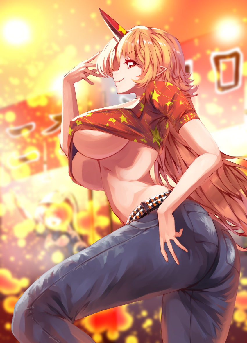 1girls ass bangs blonde_hair blurry blurry_background breasts closed_mouth colored_eyelashes cowboy_shot crop_top dancing denim eyebrows_visible_through_hair festival hand_up hip_focus horns hoshiguma_yuugi huge_breasts leaf_print light_particles lights long_hair looking_at_viewer looking_to_the_side pants parted_bangs pocket pointy_ears red_eyes red_horns red_shirt shiny shiny_clothes shirt sidelocks single_horn smile solo spiked_belt star_(symbol) star_print stomach sunnysideup sunyup_(artist) touhou underboob very_long_hair