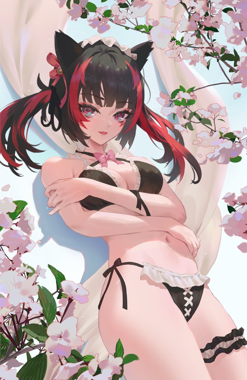 1girls big_breasts black_hair blue_eyes bra breasts cat_ears catgirl cirilla_lin face_markings lingerie markings multicolored_eyes original original_character panties red_eyes red_hair thick_thighs thighs twintails