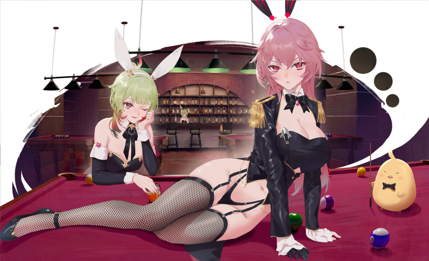 2girls azur_lane big_breasts blush breasts bunny_ears bunny_girl bunnysuit cirilla_lin duca_degli_abruzzi_(azur_lane) fishnets giuseppe_garibaldi_(azur_lane) green_hair multicolored_hair multiple_girls pink_hair red_eyes red_hair thick_thighs thighhighs thighs wink