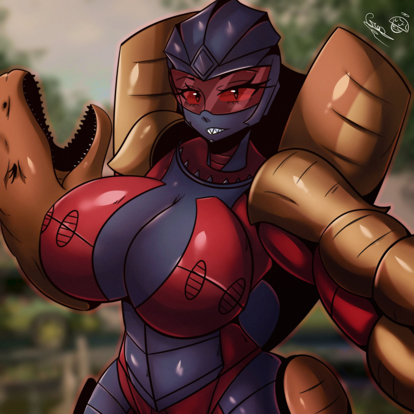 1girls beast_wars big_breasts big_thighs black_body female jurassic_park not_furry not_gay predacon red_eyes robot robot_girl smiling smiling_at_viewer thick_thighs tr_yithaz transformers tyrannocon_rex