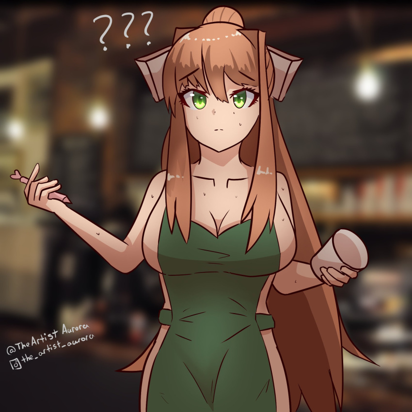 1girls apron apron_only cleavage doki_doki_literature_club iced_latte_with_breast_milk large_breasts long_hair meme monika_(doki_doki_literature_club) ponytail solo sweat theartistaurora