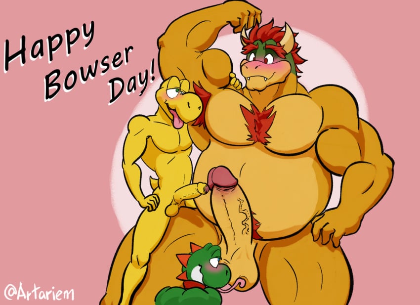 2021 anthro armpit_hair armpit_sniffing artariem ball_lick balls belly big_belly blush body_hair bowser bowser_day chest_hair digital_media_(artwork) erection foreskin gay genitals group hair hi_res horn humanoid_genitalia humanoid_penis koopa koopa_troopa licking male male/male male_only mario_(series) musclegut muscular muscular_male musk nintendo nude on_lap oral penis protagonistsub_antagonistdom pubes raised_arm red_hair reptile scalie sex simple_background sitting_on_lap size_difference sniffing tongue tongue_out uncut video_games yoshi