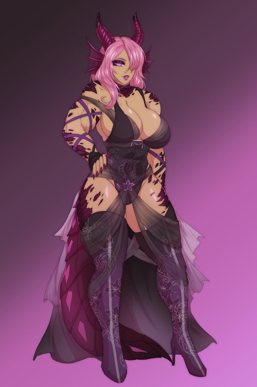 dark-skinned_female elyunae horns large_breasts pink_eyes pink_hair thick_thighs