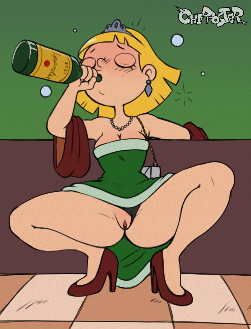 1girls alcohol ass ass_visible_through_thighs blonde_hair chipposter cleavage dress dress_lift drinking drunk drunk_bubbles earrings female female_only green_dress hey_arnold! high_heel_boots nickelodeon olga_pataki parted_lips pearl_necklace pussy shoulder_length_hair spread_legs tiara vagina wine_bottle