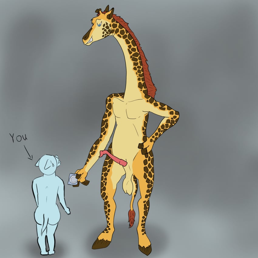 1:1 ambiguous_gender anthro balls condom_wrapper duo genitals giraffe giraffid grin hi_res male male/ambiguous mammal penis presenting presenting_penis smile standing zirilon