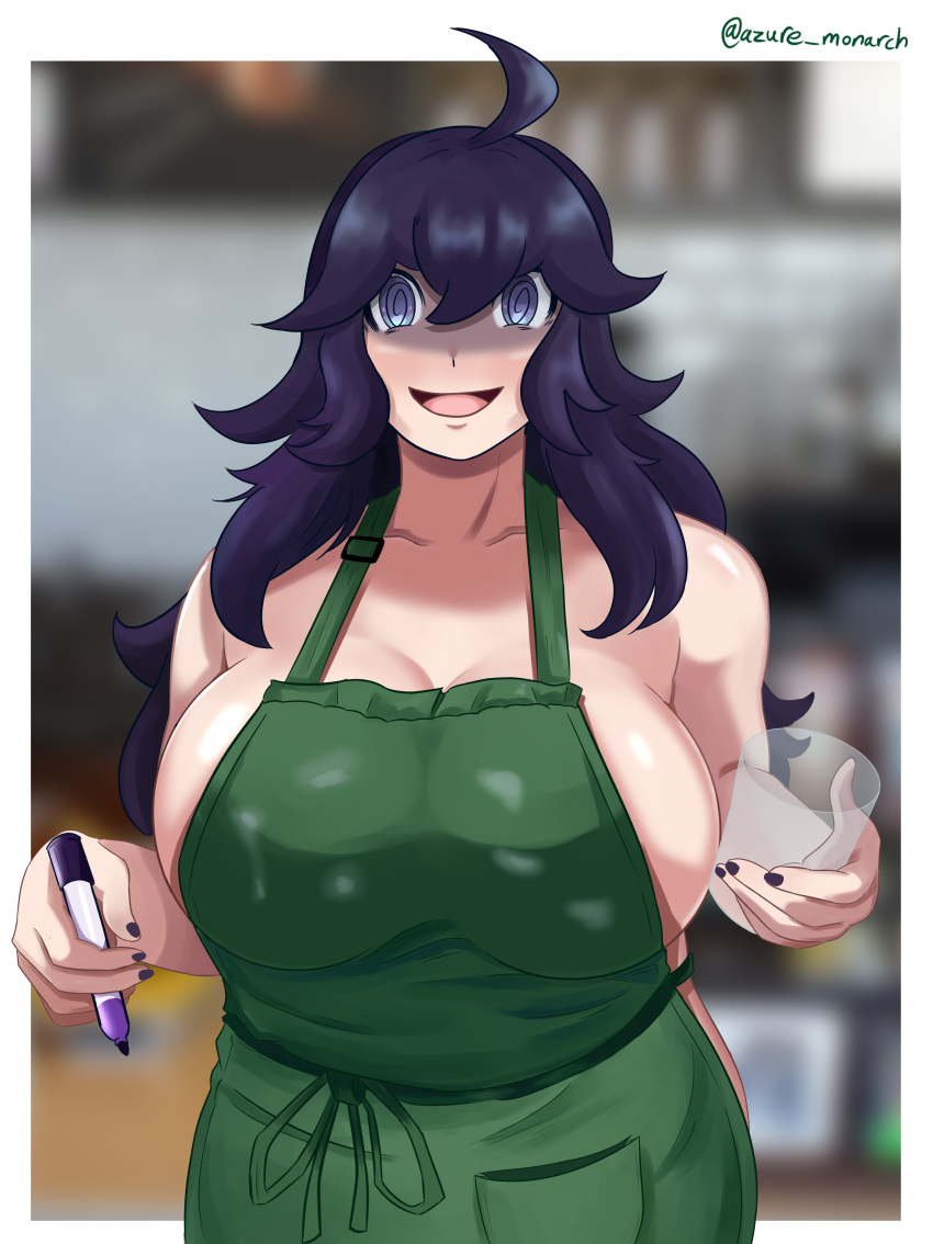 1girls ahoge alternate_breast_size apron apron_only azure_monarch cleavage female female_only hex_maniac iced_latte_with_breast_milk lactation large_breasts long_hair meme nintendo pokemon pokemon_xy purple_hair solo voluptuous