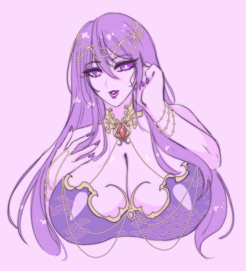 elyunae large_breasts purple_eyes purple_hair sketch