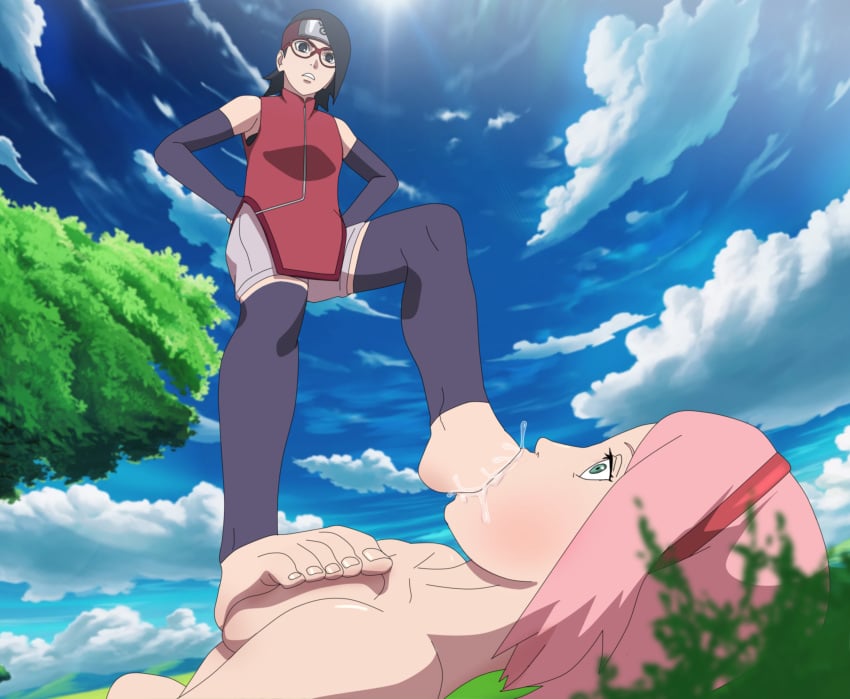 2girls barefoot black_eyes black_hair boruto:_naruto_next_generations breasts clothed_female_nude_female defeated domination feet feet_up female female_only femdom femsub foot_domination foot_fetish foot_gagging foot_in_mouth forehead_protector glasses green_eyes hiimpu incest lezdom lying mother_and_daughter naruto naruto_(series) no_bra one_eye_closed oral oral_sex outdoors pink_hair sakura_haruno sarada_uchiha small_dom_big_sub standing_on_breasts standing_on_person stomping yuri