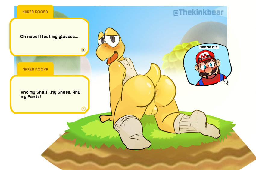 2boys 3:2 all_fours anthro anus balls blush clothing dialogue duo english_text footwear gay genitals hi_res human koopa_troopa male male/male male_only mammal mario mario_(series) new_super_mario_bros._u nintendo open_mouth reptile scalie shirt simple_background socks super_mario_maker super_mario_maker_2 tank_top text thekinkybear topwear turtle video_games