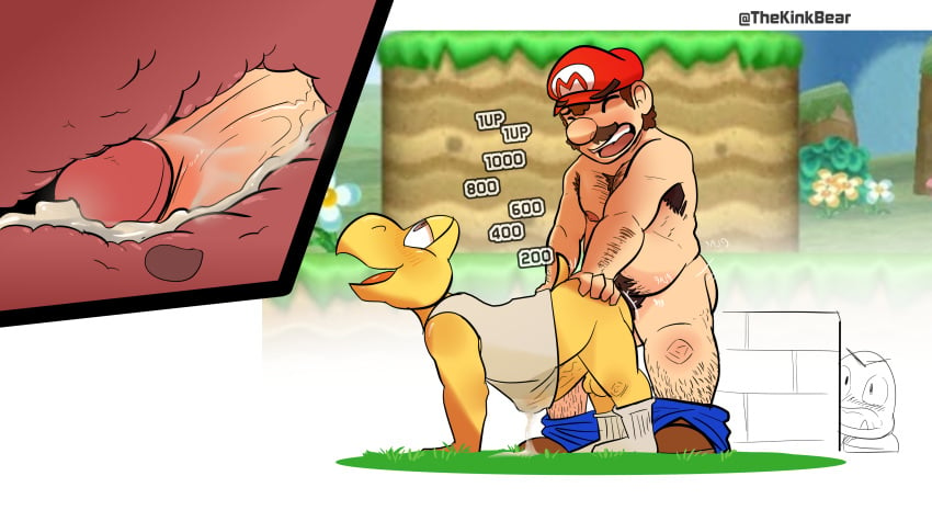 absurd_res all_fours anal anal_orgasm anal_sex anthro anus armpit_hair balls bara bareback blush bodily_fluids body_hair chest_hair clothed clothing cum cum_inside dialogue doggy_style duo footwear from_behind_position gay genital_fluids genitals goomba hi_res human koopa_troopa male male/male male_only mammal mario mario_(series) new_super_mario_bros._u nintendo open_mouth pants_down partially_clothed penetration pubes reptile scalie sex shirt simple_background socks super_mario_maker super_mario_maker_2 tank_top text thekinkybear topwear turtle video_games