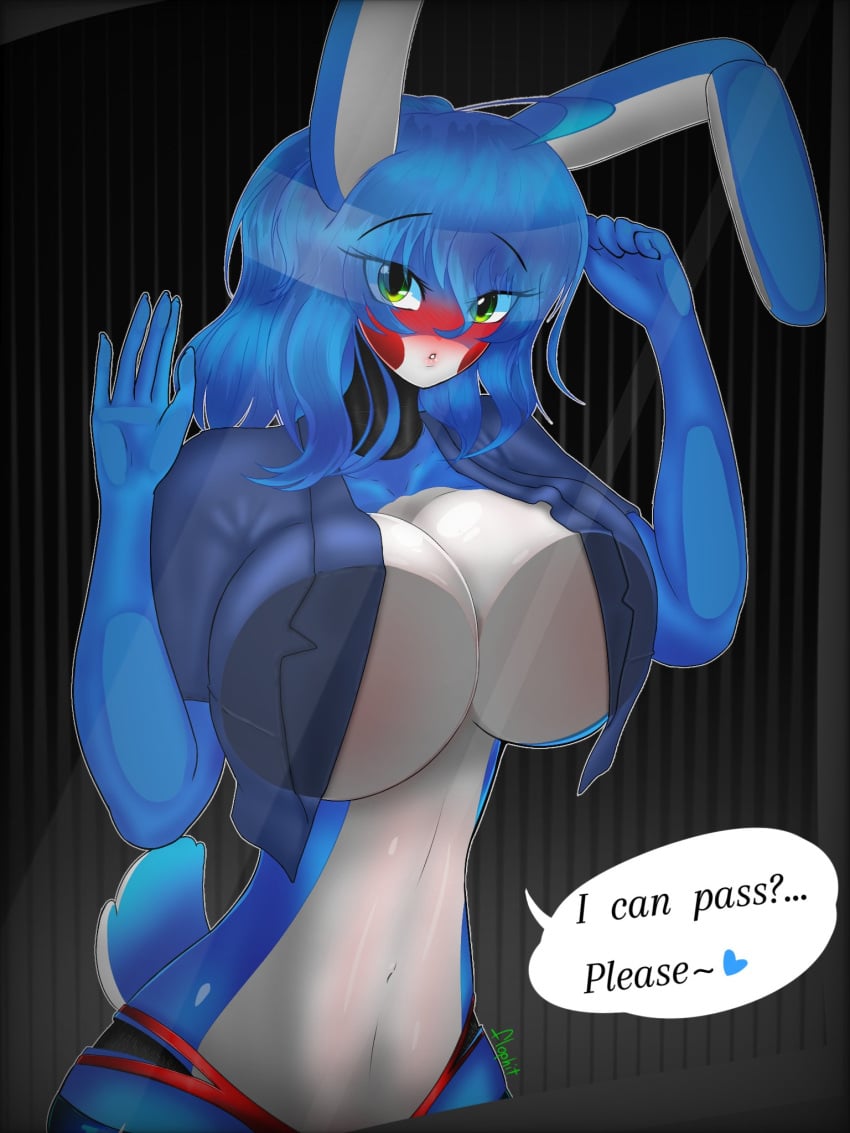 against_glass arms_up blue_hair blush breast_squish breasts_on_glass five_nights_at_freddy's five_nights_in_anime flophit green_eyes heart huge_breasts leggings looking_at_viewer open_mouth open_shirt panties rabbit red_cheeks shirt solo standing tail text toy_bonnie_(fnaf) writing