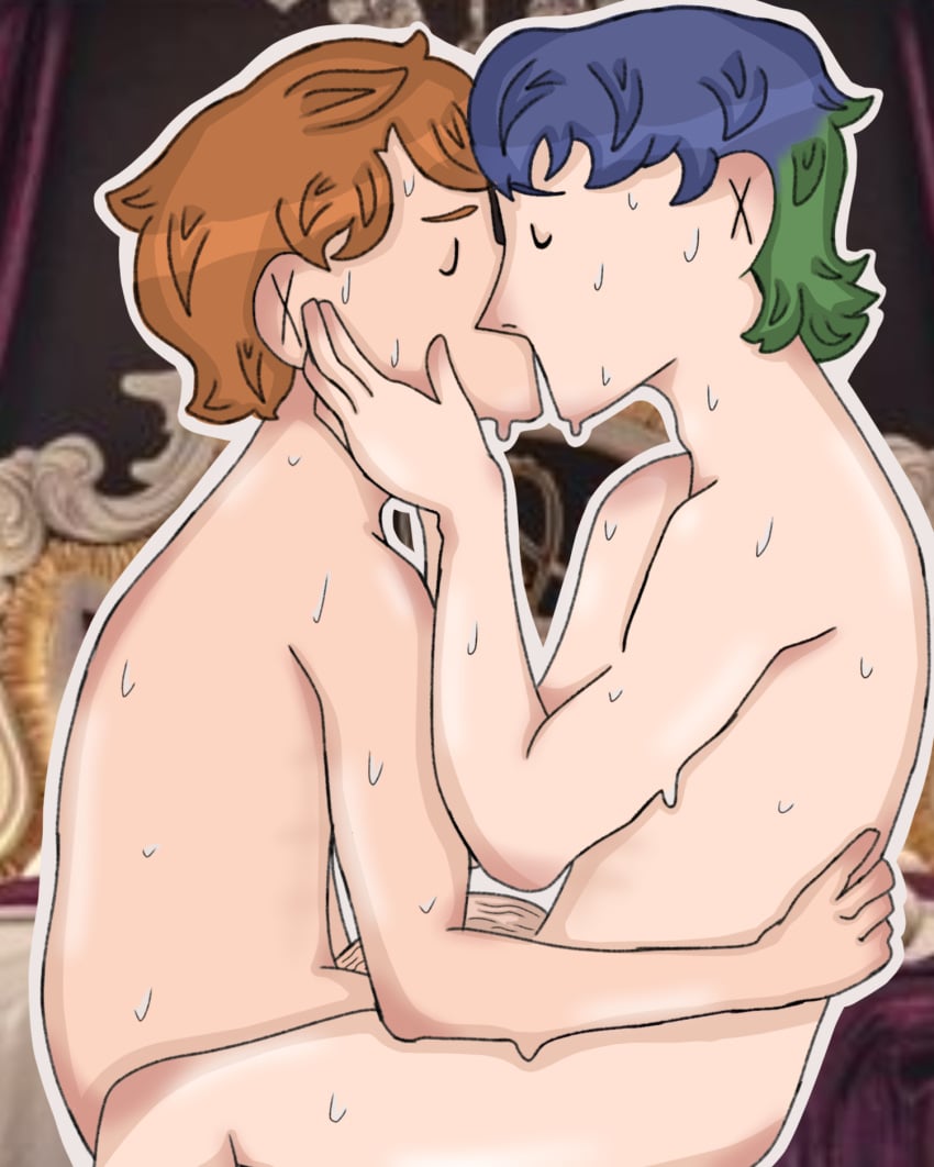 2boys adams_apple blue_hair blush brown_eyes closed_eyes cock gay gay_sex ginger green_hair hairless intimate john mullet oc pink_eyes sex sitting_on_lap sweating throbbing_penis veiny_penis