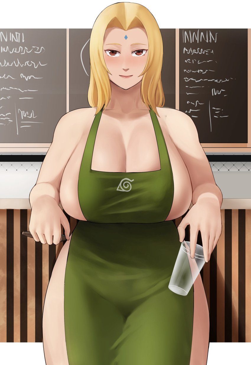 1girls apron blonde_hair clothed_female ethan69_(artist) female female_only huge_breasts iced_latte_with_breast_milk light-skinned_female light_skin long_hair mature_female meme naked naked_apron naruto naruto_(classic) naruto_(series) naruto_shippuden solo thick_thighs tsunade voluptuous wide_hips