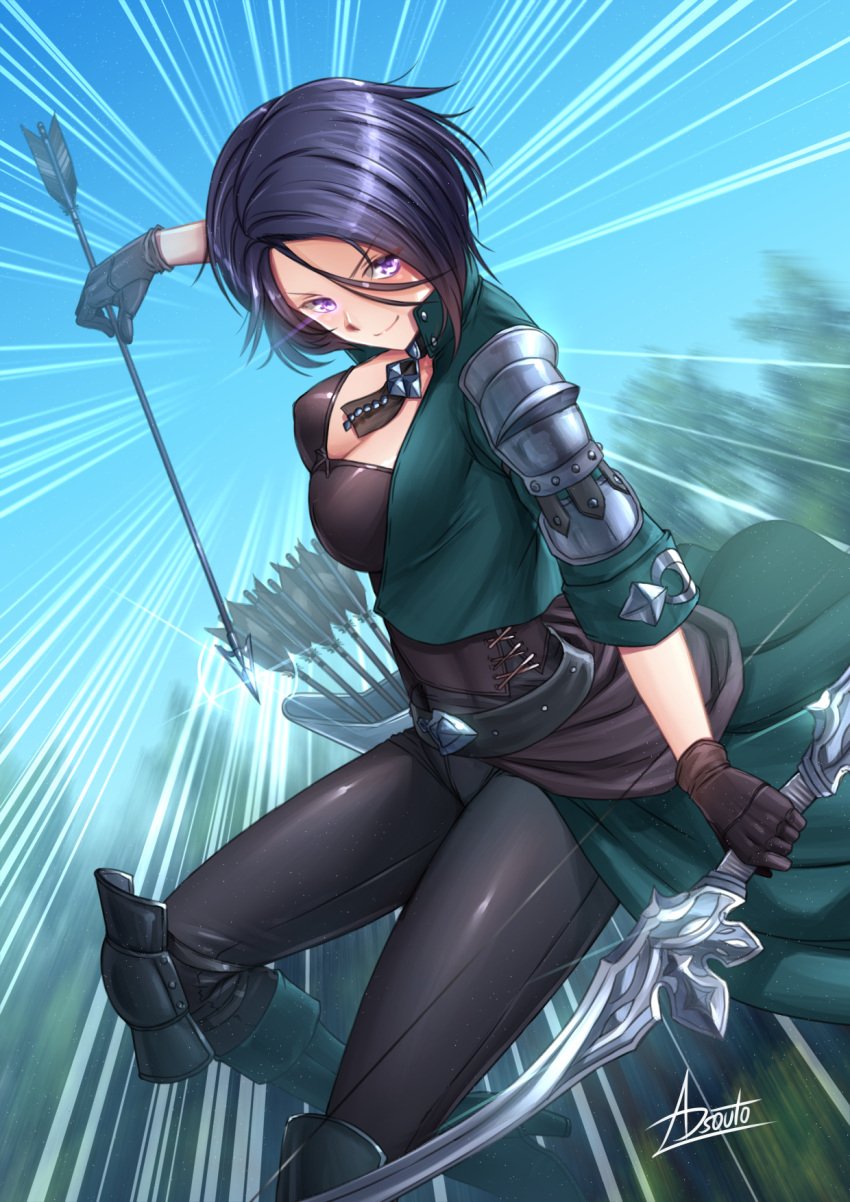 1girls adsouto arrow_(projectile) attacking_viewer black_gloves black_hair black_pants blue_hair bodice boots bow_(weapon) breasts cleavage female fire_emblem fire_emblem:_three_houses gloves green_footwear green_jacket high_heel_boots high_heels highres holding holding_arrow holding_bow_(weapon) holding_weapon jacket large_breasts looking_at_viewer nintendo pants purple_eyes quiver shamir_nevrand solo weapon