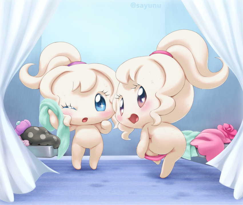 2girls barbie_doll_anatomy blush clothing_aside clothing_on_floor clulutchi embarrassed flat_chested miraitchi naked sayunu soft_shading tamagotchi towel twins twitter_username undressing wet_body