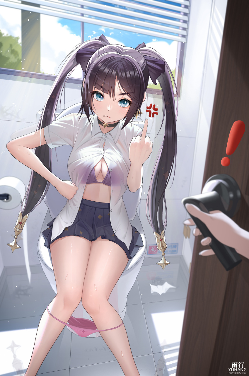 bra breasts changing_clothes choker flipping_off genshin_impact green_eyes humiliation middle_finger mona_(genshin_impact) open_door panties purple_hair thick_thighs thighs toilet twintails yuhang