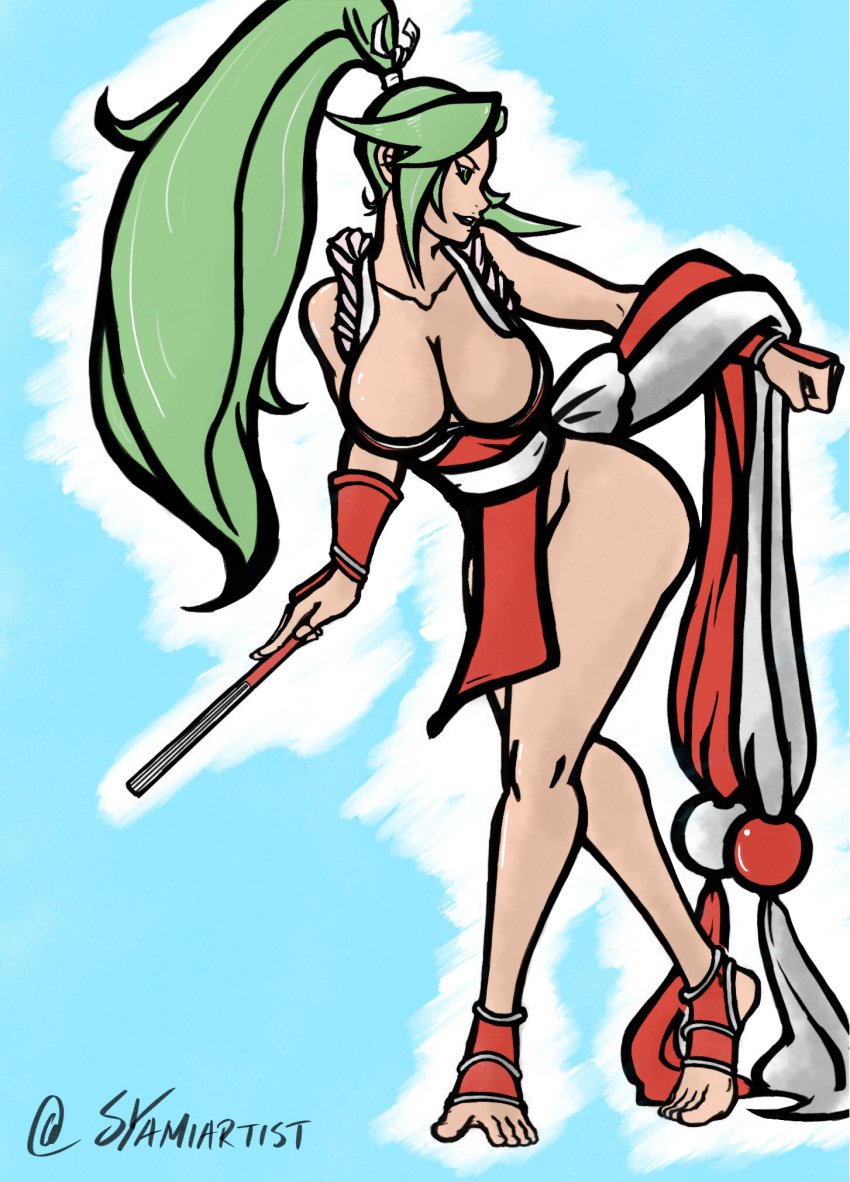 1girls ass barefoot cleavage cosplay fatal_fury feet female female_only green_eyes green_hair highres huge_breasts kid_icarus king_of_fighters large_ass large_breasts long_hair mai_shiranui_(cosplay) mature mature_woman milf nintendo no_bra no_panties no_underwear palutena ponytail revealing_clothes smile solo stirrup_legwear stirrup_socks stirrups super_smash_bros. syamiartist thick_thighs tied_hair toes very_long_hair