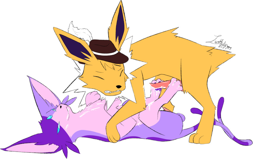 alpha_channel animal_genitalia balls bodily_fluids cum cum_on_face cum_on_feet digital_media_(artwork) duo eeveelution erection espeon excessive_cum feet feral foot_fetish foot_play footjob fur genital_fluids genitals hi_res jolteon lustfulaves lying male male/male masturbation nintendo on_back orgasm pawjob paws penile penile_masturbation penis pokémon_(species) pokemon sex toes two-footed_footjob video_games yellow_body yellow_fur