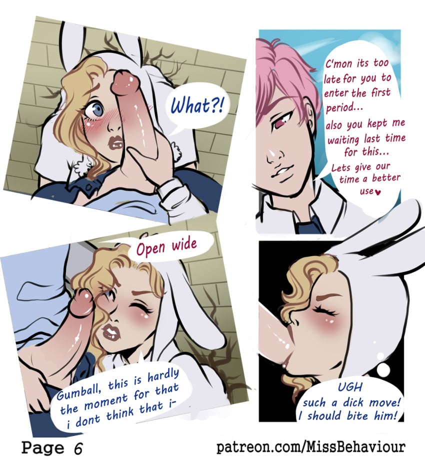 1boy 1girls adventure_time blonde_hair blue_eyes bunny_ears comic english_text fionna_the_human_girl flower glory_hole lips lipstick missbehaviour page_6 panties pink_hair prince_gumball school_uniform schoolgirl short_skirt speech_bubble stuck stuck_in_wall through_wall