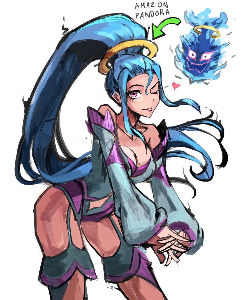 1girls amazon_pandora blue_hair breasts cleavage english_text female_only goddess heart kid_icarus kid_icarus_uprising licking_lips nintendo ponytail saiykik skimpy_armor solo solo_focus tagme white_background wide_hips wink