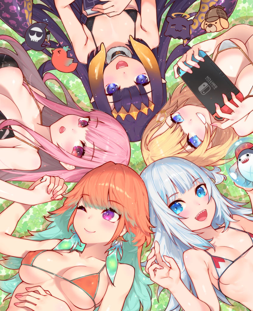 1girls 5girls alternate_breast_size big_breasts bikini bikini_top black_bikini blonde_hair bloop_(gawr_gura) blue_eyes blue_hair book bubba_(watson_amelia) choker eyebrows_visible_through_hair fan_mascot_(vtuber) fangs female female_focus female_only flat_chest flat_chested gawr_gura grass green_hair hair_ornament highres holding_hands hololive hololive_english hololive_myth large_breasts light-skinned_female light_skin long_hair looking_at_viewer lying lying_on_back medium_breasts mori_calliope multicolored_hair ninomae_ina'nis nintendo_switch oerba_yun_fang one_eye_closed orange_bikini orange_hair pale-skinned_female pale_skin pink_eyes pink_hair pointy_ears purple_eyes purple_hair sharp_teeth small_breasts takanashi_kiara tako_(ninomae_ina'nis) very_high_resolution very_long_hair virtual_youtuber waterring watson_amelia white_bikini white_hair