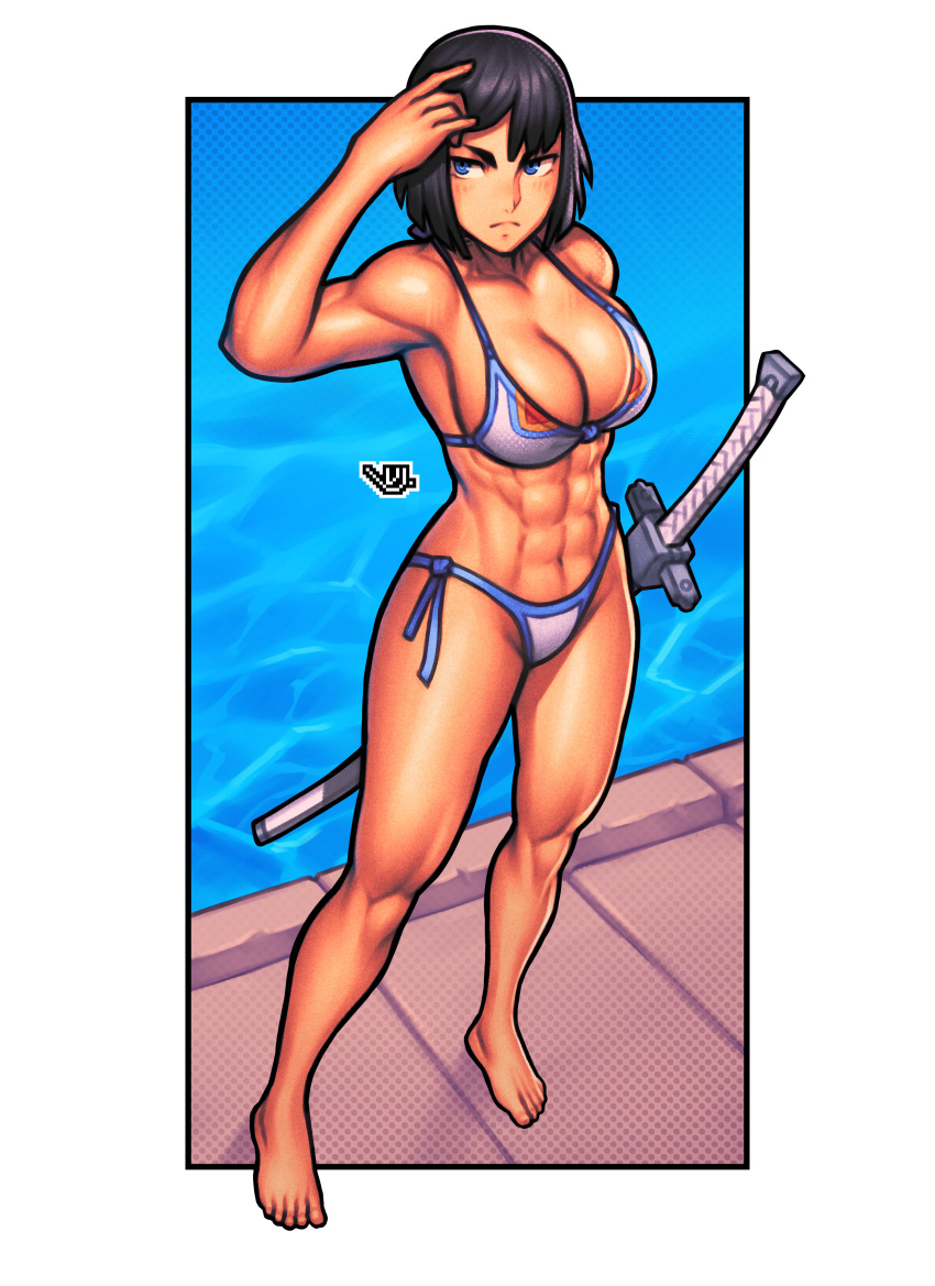 1girls abs absurd_res alternate_muscle_size artist_logo barefoot biceps bikini black_hair blue_eyes blush bob_cut breasts cleavage hi_res kill_la_kill kiryuuin_satsuki medium_breasts muscular muscular_arms muscular_female navel pool poolside serratus_anterior short_hair solo solo_female standing string_bikini studio_trigger swimsuit sword vj99 weapon