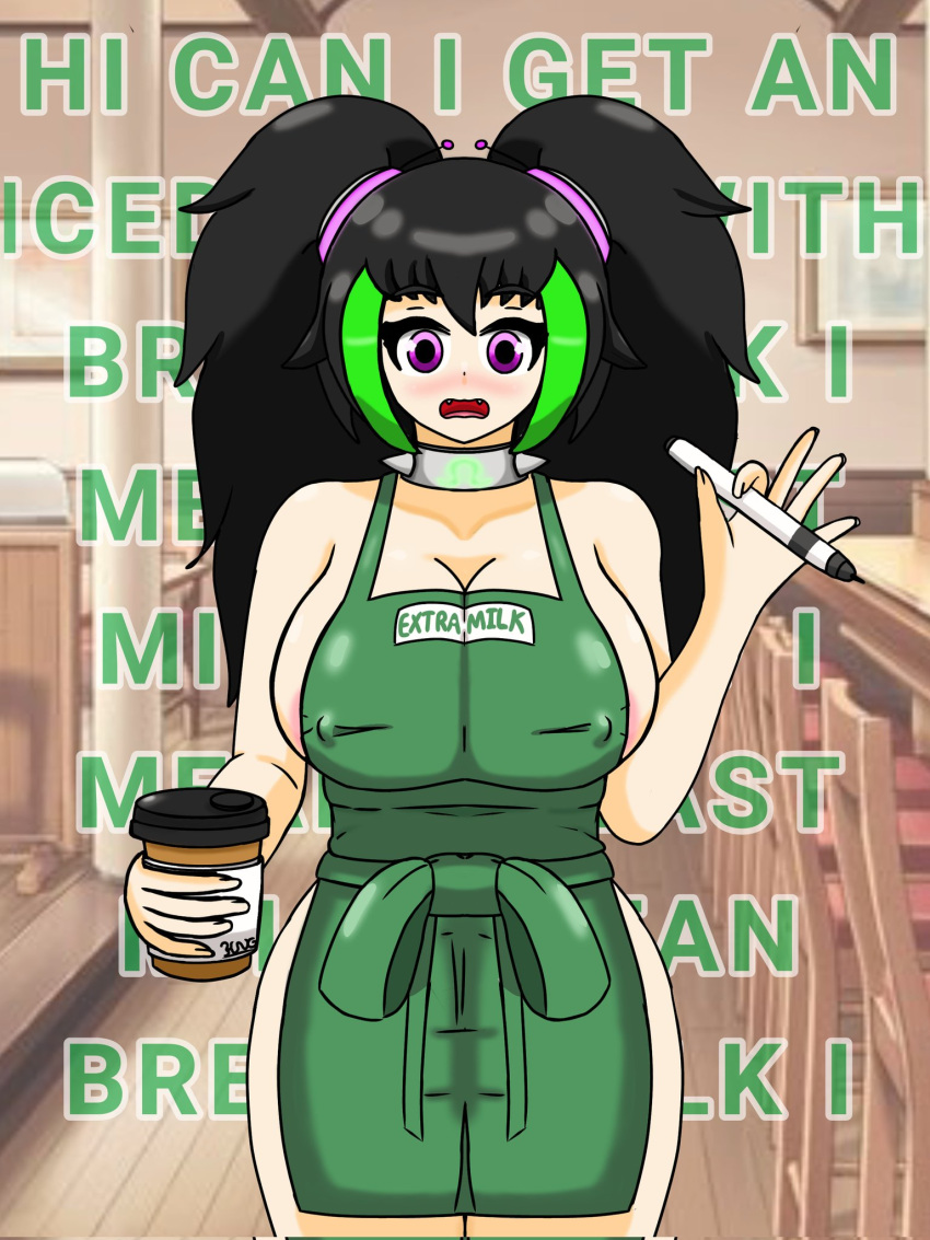 1girls 2021 apron big_breasts black_hair blush iced_latte_with_breast_milk kanae_(omega_kng) long_hair looking_at_viewer meme nipples nipples_visible_through_clothing oc original purple_eyes theomaiga twintails