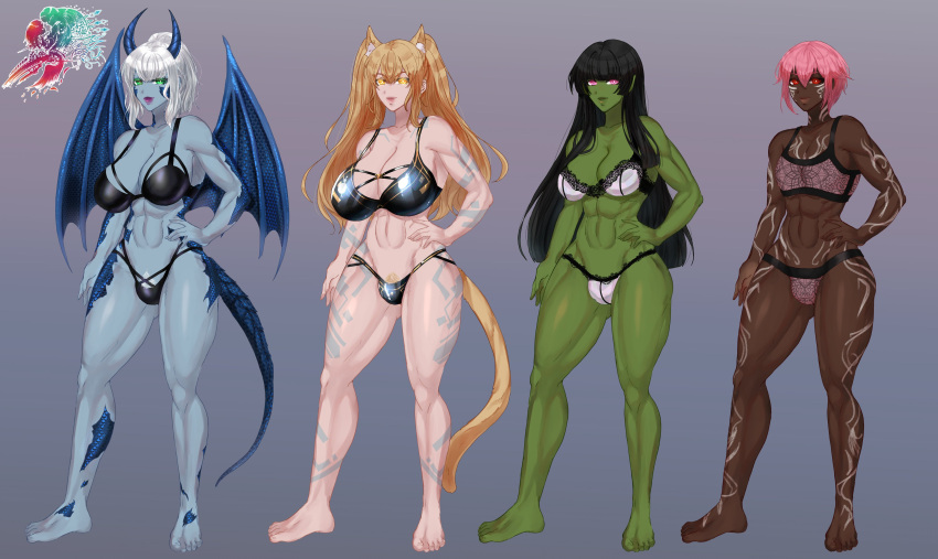 3girls abs character_sheet dark-skinned_male demon_girl elyunae huge_breasts medium_breasts multiple_girls orc original_character