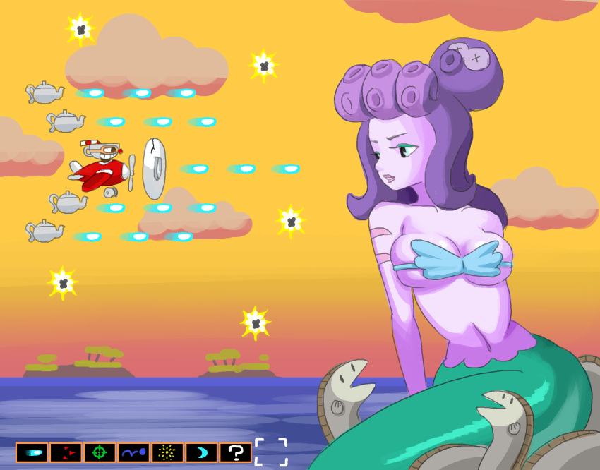 1boy 1girls 2018 :v absurd_res airplane bikini bikini_top blue_bikini blue_eyes blue_eyeshadow breasts bursting_breasts cala_maria cleavage cloud crossover cup cuphead cuphead_(game) dusk eel eyeshadow female fish_girl fish_tail flying giantess goggles grin highres island large_breasts looking_at_another makeup male mermaid mermaid_giantess minus8 navel ocean octopus outdoors parodius parody propeller purple_hair purple_skin scar scar_on_arm scars seashell seashell_bra sitting sky smile style_parody swimsuit teacup teeth tentacle tentacle_hair weapon x_eyes