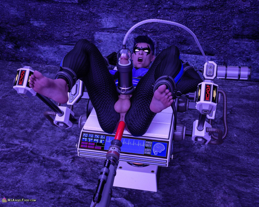 1boy 3d 3d_(artwork) bara batman_(series) bondage dc dc_comics dick_grayson gay machine male male_focus male_only msangelfood muscles nightwing solo superhero uncensored yaoi