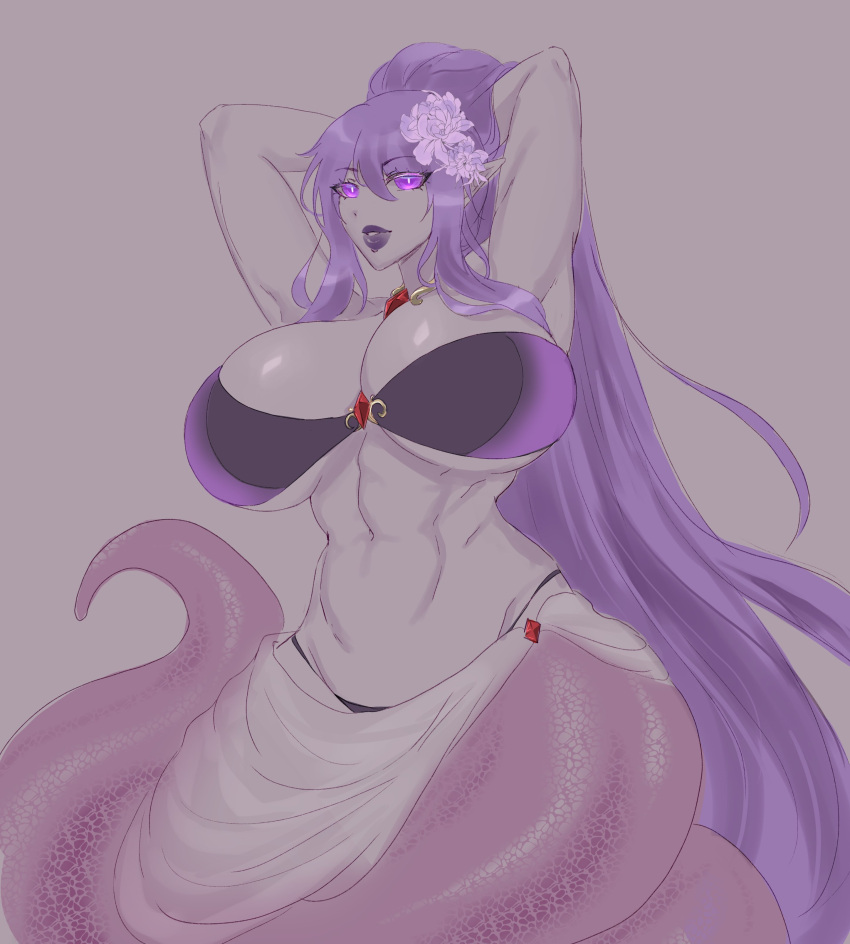 elyunae huge_breasts lamia monster_girl naga purple_eyes purple_hair snake_girl