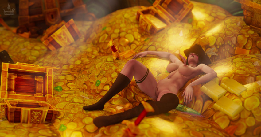 1girls big_breasts boots boots_only breasts chest darkecho elf female female_only gem gold gold_(metal) gold_bar gold_coin gold_pile hoard knee_boots laying_down legs_apart legs_spread night_elf nipples open_mouth pirate pirate_hat pussy sleeping solo thighs treasure treasure_chest vagina warcraft world_of_warcraft wow