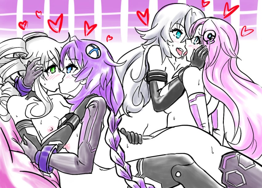 4girls black_and_white black_heart black_sister blue_eyes blush breasts breasts_out color cpu_(neptunia) cpu_candidate d-pad d-pad_hair_ornament female female_only flat_chest flat_chested goddess green_eyes hair_ornament hearts long_hair medium_breasts nepgear neptune_(neptunia) neptunia_(series) nipples noire open_mouth partially_clothed power_symbol-shaped_pupils purple_hair purple_heart_(neptunia) purple_sister saliva short_hair simple_background sister_swap sisters small_breasts sweat swingers teal_eyes twin_braids twintails uni_(neptunia) very_long_hair video_games wife_swap yuri