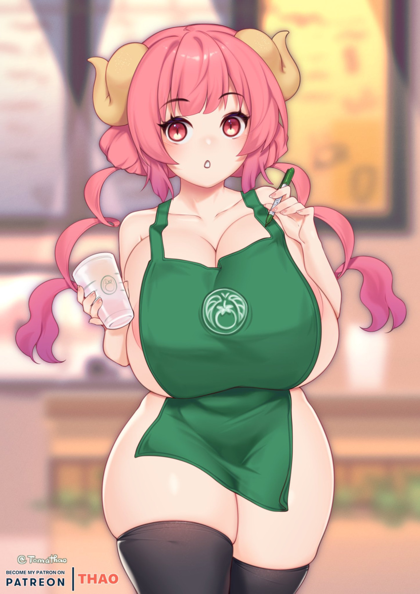 1girl 1girls apron big_breasts blush blush_lines blushing blushing_at_viewer blushing_female curvaceous dragon_eyes dragon_girl dragon_horns female holding holding_cup holding_objects holding_pen horns huge_breasts iced_latte_with_breast_milk ilulu_(dragon_maid) large_breasts light-skinned_female light_skin looking_at_viewer massive_breasts meme miss_kobayashi's_dragon_maid naked naked_apron pink_hair pog pogchamp poggers red_eyes shocked shocked_expression squished_breasts starbucks thick_thighs tomathao voluptuous wide_hips