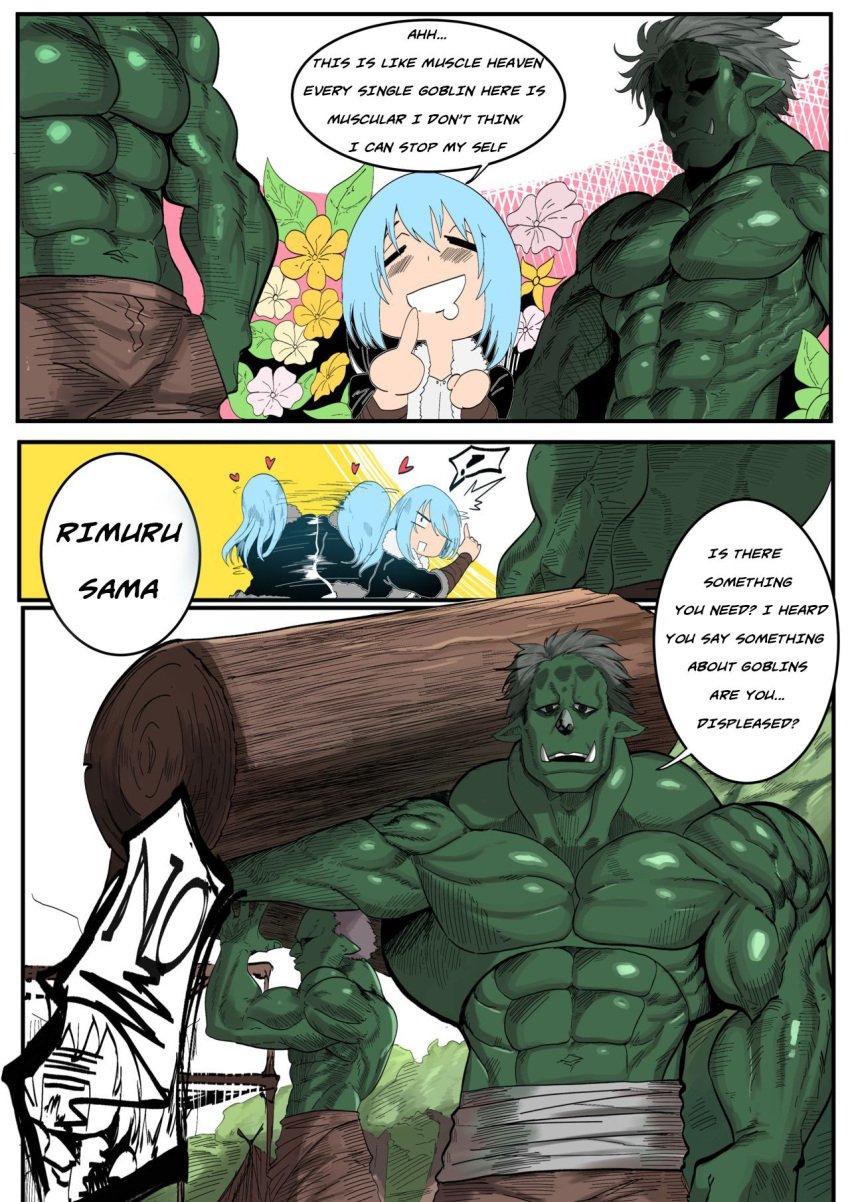 3boys abs big_muscles blue_hair colored comic english_text fangs goblin goblin_male gray_hair green_(artist) green_body green_skin hobgoblin larger_male male_only manga monster multiple_boys muscles muscular rigurd rimuru_tempest sharp_teeth speech_bubble tensei_shitara_slime_datta_ken text topless